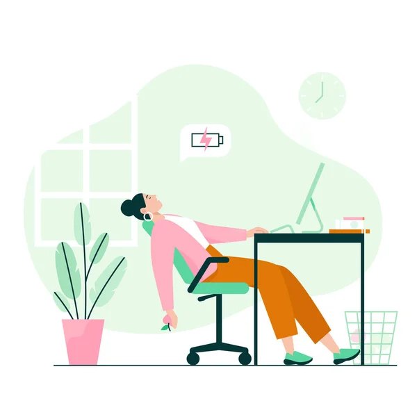 Uma Mulher Cansada Dormir Secretária Burnout Trabalho Baixa Energia Trabalho — Vetor de Stock