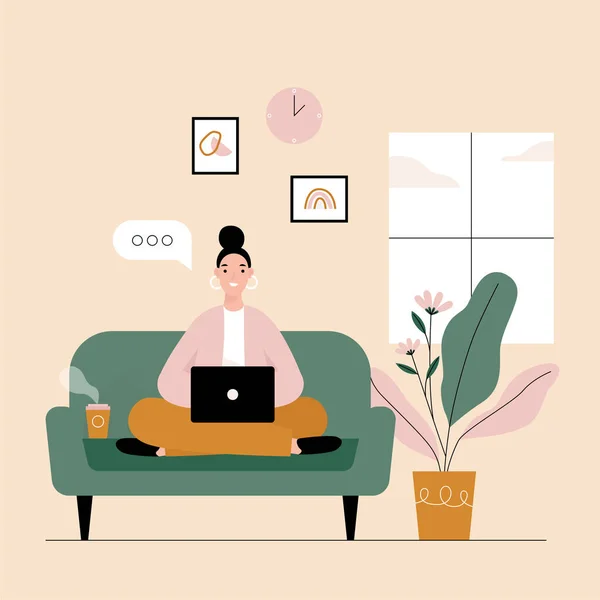 Freelancer Mulher Trabalhando Laptop Casa Trabalho Remoto Casa Quarentena Ilustração — Vetor de Stock