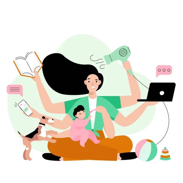Meşgul anne evde bir sürü iş yapıyor. Altı elli stresli anne dizüstü bilgisayar, kitap, telefon, saç kurutma makinesi ve çocuğunu besliyor. Çoklu görev konsepti vektör illüstrasyonu.