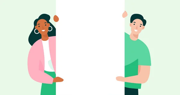 Beyaz pano reklamı yapan gençler. Web sitesi için bant illüstrasyonu.