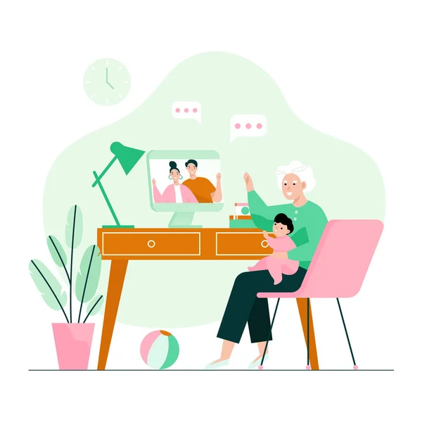 Aile görüntüsü. Büyükannesi ve torunu tatilde ailelerini arıyor. Düz vektör illüstrasyonu.