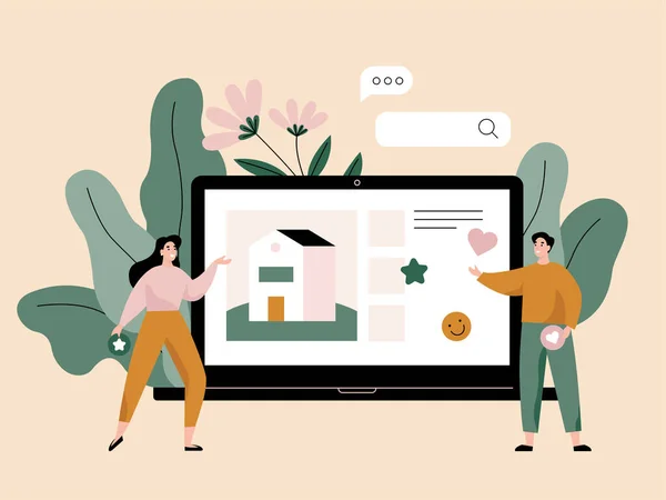 Eşler satın almak ya da kiralamak için bir ev seçerler. Emlak siteli defter ekranı. Düz vektör illüstrasyonu.