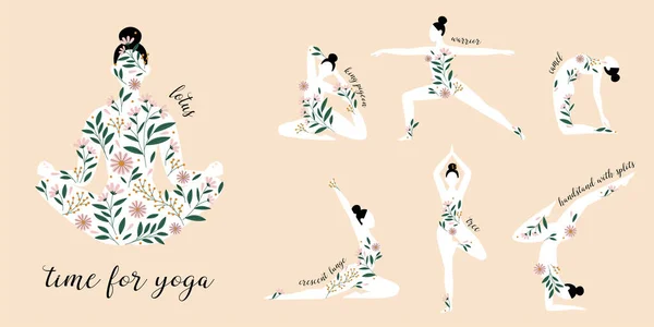 Kadın siluetleri farklı yoga pozlarında duruyor. Lotus siluet oluşturuyor. Çiçek deseni. 