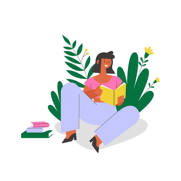 Kitap okuyan ya da okuyan bir kadın. Düz vektör illüstrasyonu.