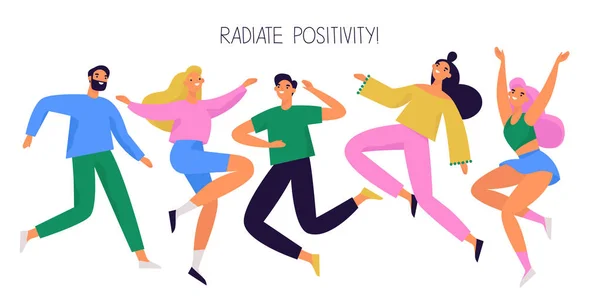 Bir grup mutlu insan zıplıyor ve dans ediyor. Neşeli ve pozitif farklı karakterler. Renkli vektör illüstrasyonu.