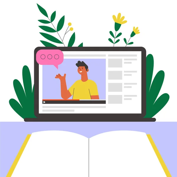 İnternetteki öğretmen bilgisayar ekranında. Çevrimiçi eğitim veya webinar vektör illüstrasyonu.