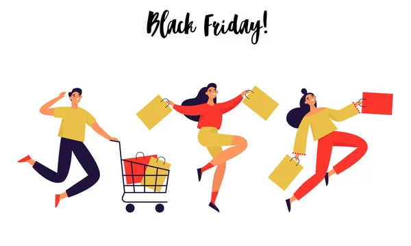 Alışveriş çantalı bir grup insan. Kara Cuma afişi. Düz vektör illüstrasyonu.