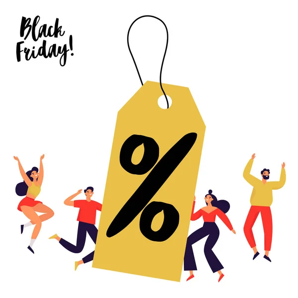 Büyük indirim etiketi olan bir grup insan. Kara Cuma afişi. Düz vektör illüstrasyonu.
