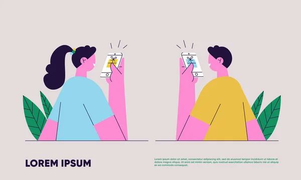 Bonus hediye alımı, online ödül. Akıllı telefonlu iki karakter. Düz vektör illüstrasyonu.