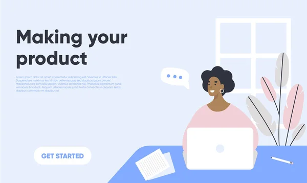 Proje üzerinde çalışan kadın tasarımcı ya da yaratıcı profesyonel. İllüstrasyonlu sancak şablonu.