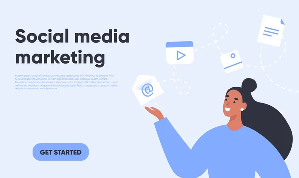 Sosyal medya pazarlama afişi. Medya simgeleri gösteren kadın pazarlama uzmanı. Vektör illüstrasyonu.