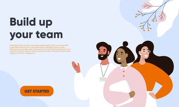 Ekip bir grup insanla web pankartı yapıyor. Düz vektör illüstrasyonu.