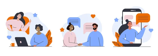 Sosyal medya iletişim illüstrasyonları. Çevrimiçi toplantı ve arkadaşlarla sohbet. Düz vektör illüstrasyonu.