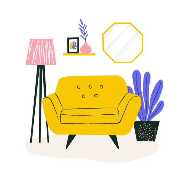 Şirin bir kanepe, hoş bir daire, bitki ve kitaplığı var. İç mekan konsepti. Web sitesi için spot illüstrasyon.