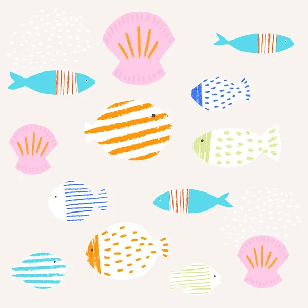 Renkli balık ve deniz kabukları seti. Tekstil için yaz denizi deseni. Kağıt basit bir illüstrasyon kesti.
