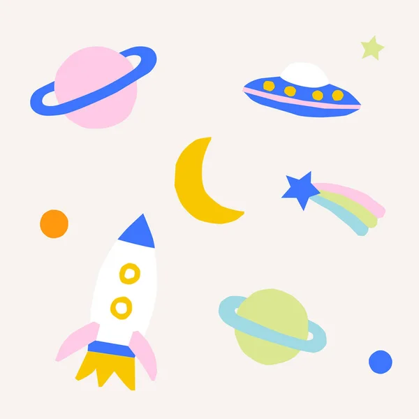 Lindo Cohete Dibujos Animados Planeta Luna Estrellas Patrón Espacio Cósmico — Vector de stock