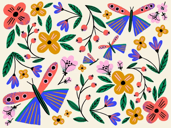 Bej arka planda el çizimi, yaratıcı çiçekler ve kelebekler. Tekstil tasarımı ve web pankartı için renkli çiçek deseni. 
