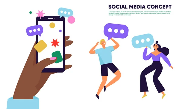 Bir grup genç insan sosyal medya platformunda iletişim kuruyor. Arkadaşlar sosyal ağla etkileşim halindedir. Canlı sohbet, iniş sayfası şablonu. Düz vektör illüstrasyonu.