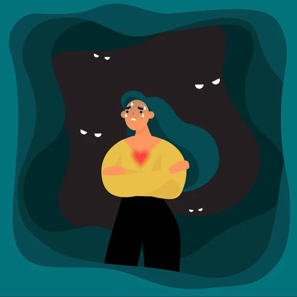 Panik atak ya da endişe. Karanlıktaki kadın. Hastalık, fobi, yetersizlik, psikiyatrik ya da psikolojik problem illüstrasyonu.