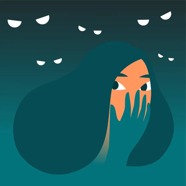 Przestraszona Kobieta Ciemności Otoczona Groźbami Koszmary Lęki Negatywne Emocje Ilustracja — Wektor stockowy