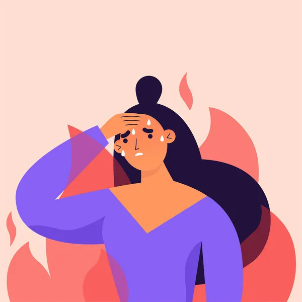 Arkasında alevler olan yorgun ve gergin bir kadın. İş yorgunluğu, akıl sağlığı sorunu, ruhsal çöküntü..