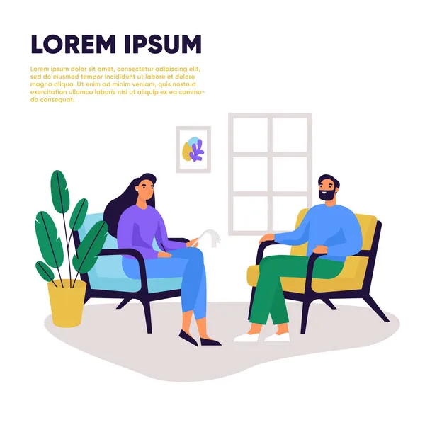 Psikoterapist ve hasta koltuklarda oturuyor. Pozitif psikolojik tedavi, zihinsel destek ve iyileşme. Düz vektör illüstrasyonu.