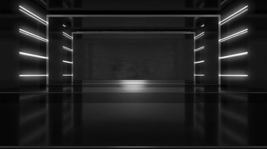 Neon ışıkları olan boş bir oda. Gelecekçi tünel mimarisi geçmişi. Metal duvarlı bir kutu. 3d hazırlayıcı