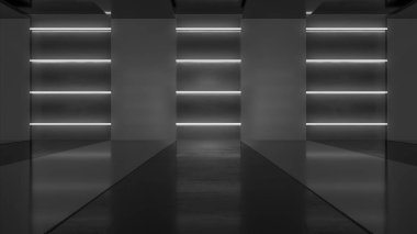 Neon ışıkları olan boş bir oda. Gelecekçi tünel mimarisi geçmişi. Metal duvarlı bir kutu. 3d hazırlayıcı