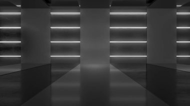 Neon ışıkları olan boş bir oda. Gelecekçi tünel mimarisi geçmişi. Metal duvarlı bir kutu. 3d hazırlayıcı