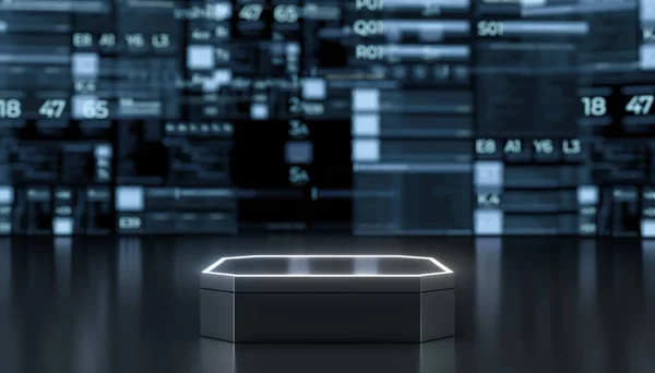 Ürün Sunumu İçin Geleceğin Boş Sahnesi. Podyum ya da neon ışıklı yayalar ürün sahnesi. Gelecekteki konsept geçmişi. 3B Hazırlama.