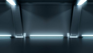 Soyut fütüristik karanlık koridor iç tasarımı. Işık arka planlı bir gelecek tüneli. Uzay gemisi bilim kurgu kavramı 3D görüntüleme.