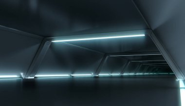 Soyut fütüristik karanlık koridor iç tasarımı. Işık arka planlı bir gelecek tüneli. Uzay gemisi bilim kurgu kavramı 3D görüntüleme.
