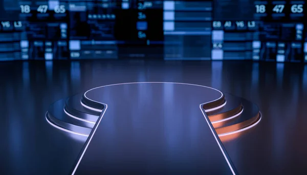 Ürün Sunumu İçin Geleceğin Boş Sahnesi. Podyum ya da neon ışıklı yayalar ürün sahnesi. Gelecekteki konsept geçmişi. 3B Hazırlama.