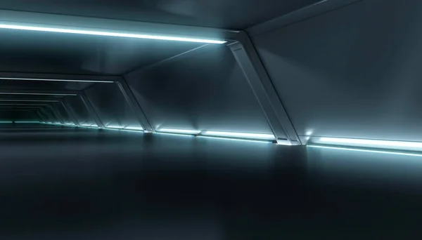 Absztrakt Futurisztikus Sötét Folyosó Belsőépítészet Jövőbeli Alagút Fényháttérrel Űrhajó Sci — Stock Fotó