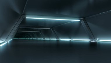 Soyut fütüristik karanlık koridor iç tasarımı. Işık arka planlı bir gelecek tüneli. Uzay gemisi bilim kurgu kavramı 3D görüntüleme.