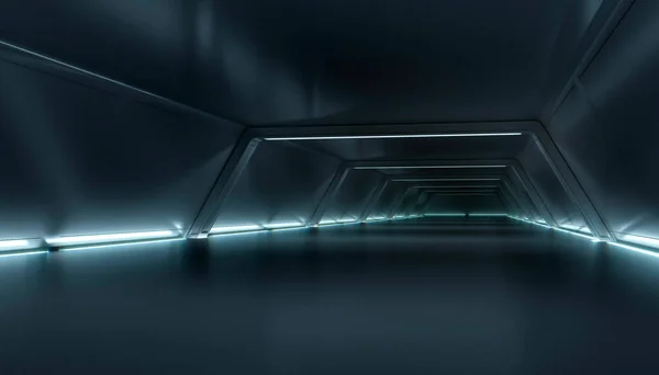 概要未来的な暗い廊下のインテリアデザイン 光の背景を持つ将来のトンネル 宇宙船 Sci Fi概念 3Dレンダリング — ストック写真