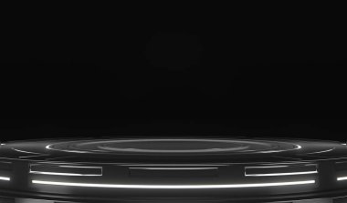 Parlayan neon halkalar için aydınlık, boş gelecek platformu olan gelecekteki bir sahne. Bilim teknolojisi konsepti. 3B illüstrasyon.