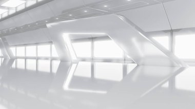 Soyut Fütürist Boş Oda. Bilimkurgu hi teknoloji koridoru. Gelecek Teknolojisi konsepti. 3d oluşturma