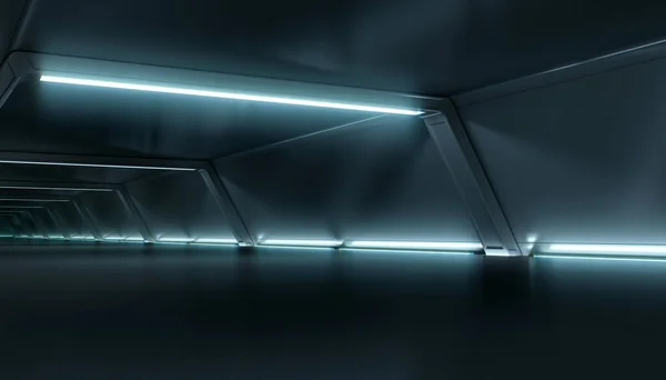 Soyut fütüristik karanlık koridor iç tasarımı. Işık arka planlı bir gelecek tüneli. Uzay gemisi bilim kurgu kavramı 3D görüntüleme.