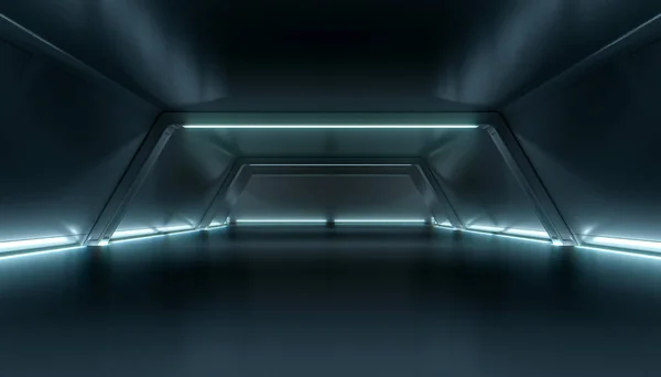 Absztrakt Futurisztikus Sötét Folyosó Belsőépítészet Jövőbeli Alagút Fényháttérrel Űrhajó Sci — Stock Fotó