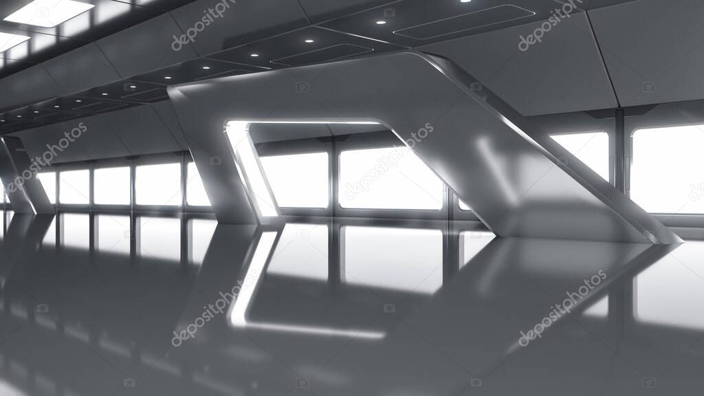 Futuristic interior with empty floor and stage, interior view with light for showcase. Future modern concept. 3D illustration.