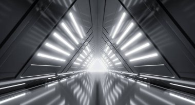 Gelecekçi Siber Tünel, Bilim Kurgu Karanlık Işıklar koridor iç tasarımı. Triangle Metal Yapıları Gelecek Konsept Tasarımı. 3B Hazırlama