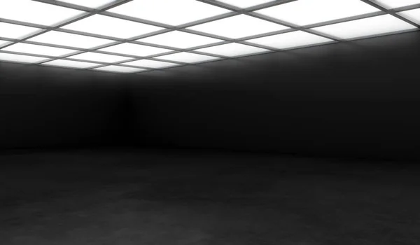 Modern empty hall room or open space with concrete floor, black wall and lights on top. 3D rendering Mockup.