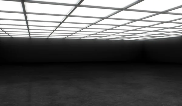 現代的な空のホールの部屋やコンクリートの床 黒い壁と上の照明とオープンスペース 3Dレンダリング Mockup — ストック写真