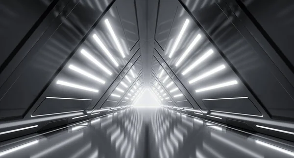 Futurisztikus Cyber Alagút Sci Dark Lights Folyosó Belsőépítészet Háromszög Metal — Stock Fotó