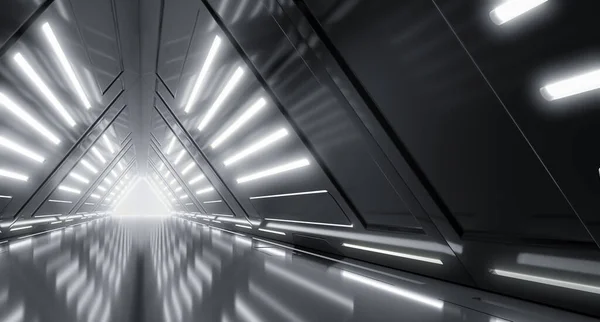 未来的なサイバートンネル Sfダークライト廊下のインテリアデザイン 三角形金属構造将来の概念設計 3Dレンダリング — ストック写真