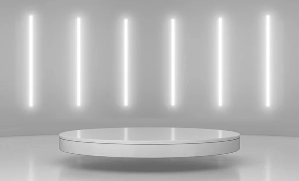 Abstract minimal pedestal podium with vertical glowing neon lighting. Product display presentation. Sci-fi empty room concept. Futuristic minimal wall scene. 3D Rendering