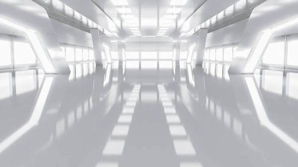 Абстрактная футуристическая пустая комната. Sci-Fi hi-tech Corriere with light. Концепция технологии будущего. 3d-рендеринг