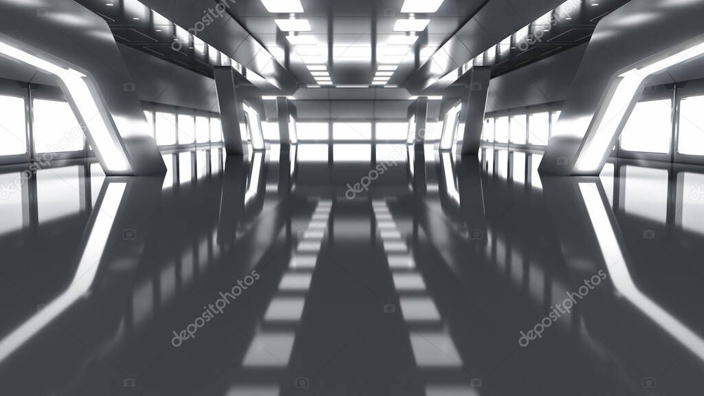 Futuristic interior with empty floor and stage, interior view with light for showcase. Future modern concept. 3D illustration.
