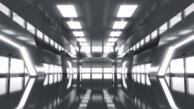 Boş zemin ve sahne ile geleceksel iç mekan, gösteriş için ışık ile iç mekan. Gelecekteki modern konsept. 3B illüstrasyon.